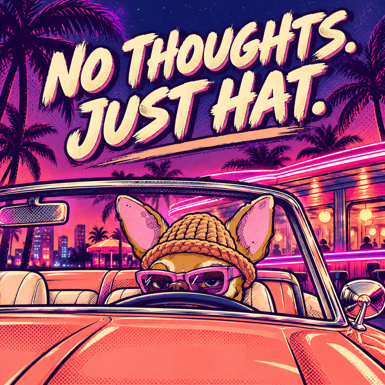 Chico peeks over the wheel of his convertible outside a late-night diner